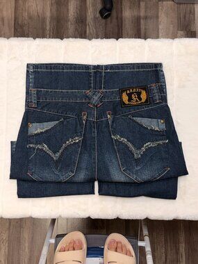 Vintage Kanji Baggy Frayed Pocket Denim Jeans Mens 38x32 Y2K